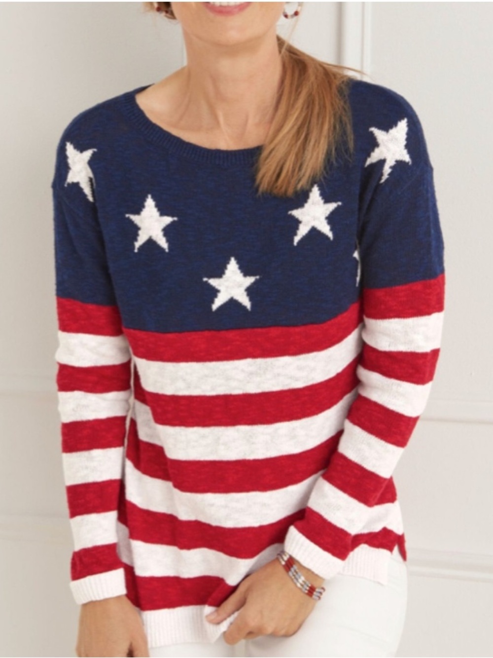 Talbots Stars and Stripes Linen American Flag Sweater Patriotic Red White Blue